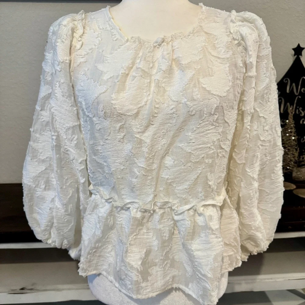 Free People Callie‎ Puff Sleeve Appliqué Top Open Tie Back Women's Size M N